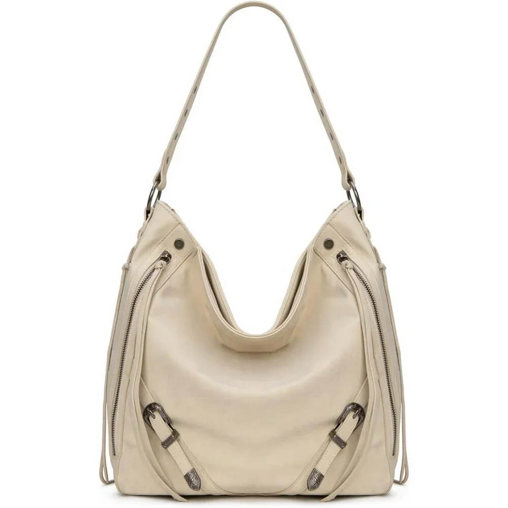 Faux Suede Hobo Bag Large Shoulder Purse with Fringe Buckle for Women